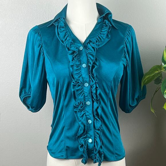 Cecil McBee Teal Ruffled V Neck Buttoned Blouse Small - Picture 3 of 8